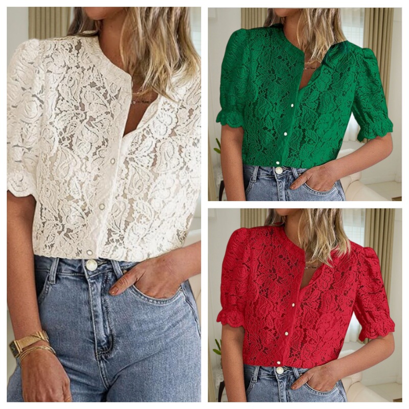 2025 Cross-Border European and American New Fashion Elegant Lace Shirt Short-Sleeved Button Shirt Top Spring and Summer Women's Clothing