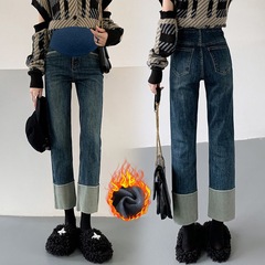 9278B Maternity Smoking Pipe Pants Winter Fleece Lined Thick Elastic Outerwear Loose Flared Turn-up Nine-inch Straight-leg Pants