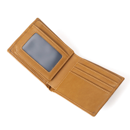 Left and right flip-up PU yellow brown fashionable casual men's wallet with multiple card slots short wallet laser engraving and lettering