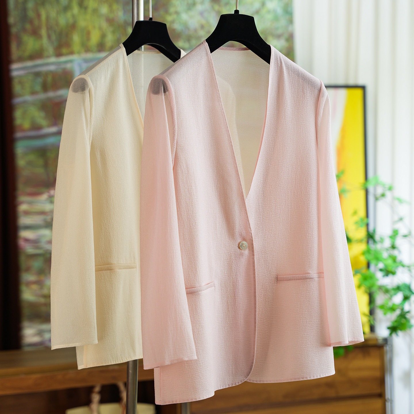 Customer-Supplied Textured Acetate Collarless Blazer Lightweight Jacket for Women 0327