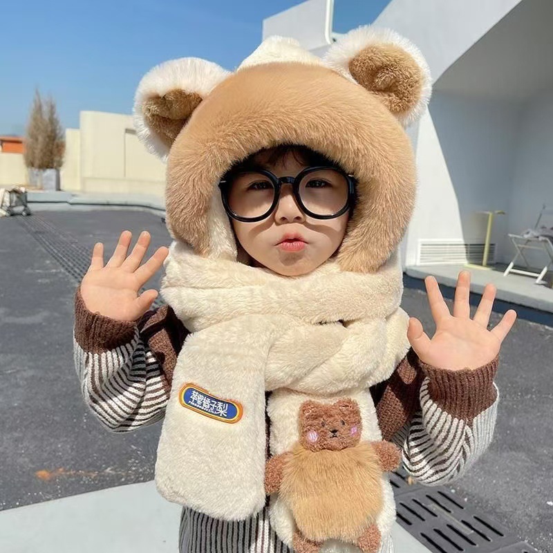 儿童帽子围巾手套一体三件套男童冬季保暖宝宝防风男孩女童毛绒帽