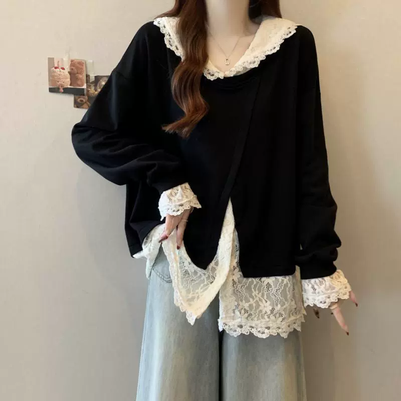 D6X Plus Size 300 Женская толстовка с длинными рукавами, кружевная рубашка из двух частей на весну и осень, свободный и утягивающий топ в стиле пэчворк.