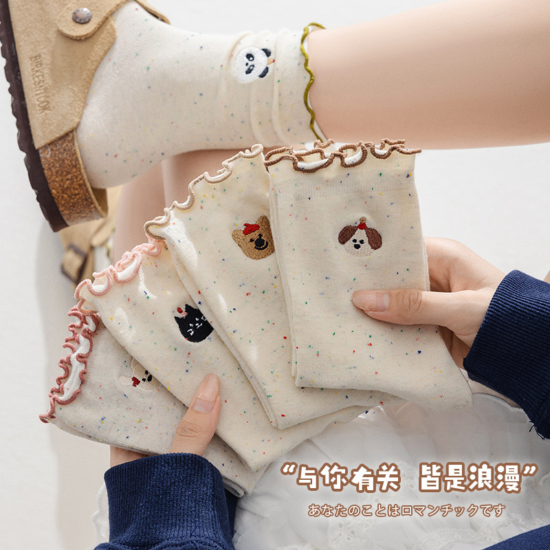 木耳花邊點子紗糖果色甜美中筒襪非刺繡可愛卡通動物森系洛麗塔襪