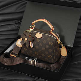 跨境新款大牌平替欧美复古经典老花波士顿圆筒包手提单肩斜挎女包