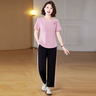 妈妈夏装新中式短袖t恤上衣运动套装中老年女夏季休闲绣花两件套