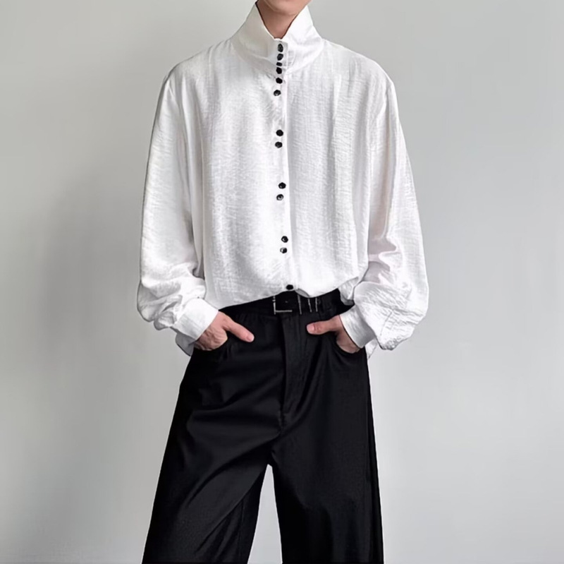 Original High-End Shirt with Lemaire-Style Half-High Collar and Scarf Design, Unique Men's Shirt