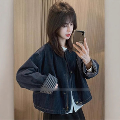宽松休闲圆领复古韩版牛仔外套女2025春季新款格子袖口百搭上衣