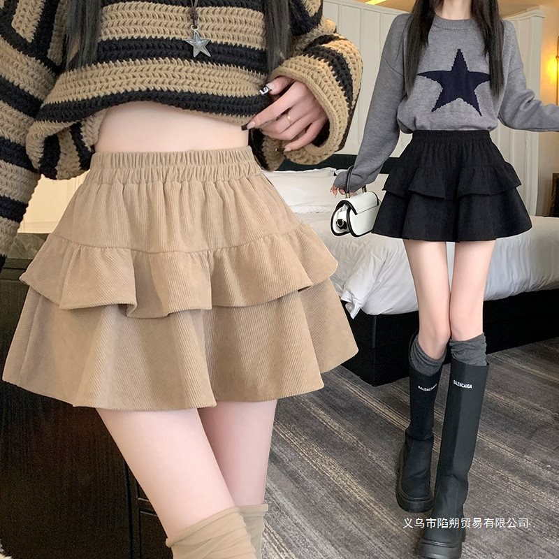 灯芯绒蓬蓬裙短裙秋冬新款高腰半身裙显瘦小个子蛋糕百褶裙复古