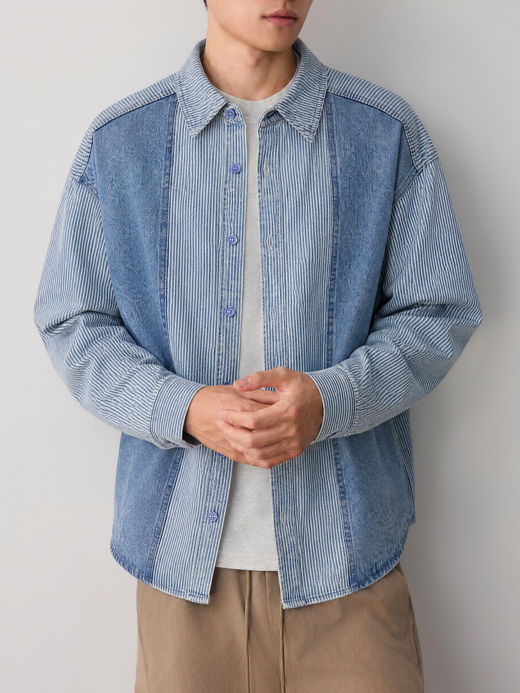 Áo sơ mi denim nam tay dài phong cách cổ điển sọc nối — Cao bồi xanh chi tiết 4