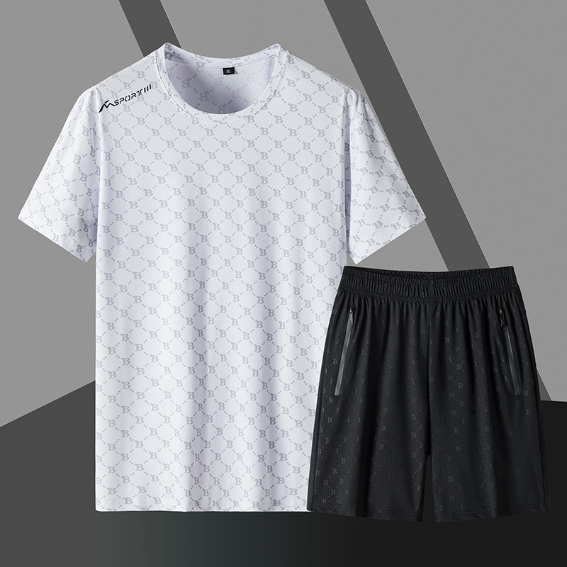 Traje deportivo de ocio de verano para hombre de seda de hielo de manga corta Camiseta pantalones cortos de dos piezas nuevo aire acondicionado de secado rápido conjunto corto venta al por mayor