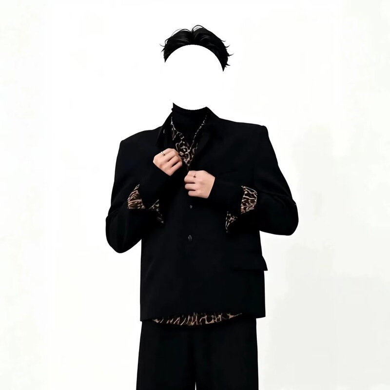 Black faux two-piece leopard print shirt, men's pure desire style, trendy streetwear, long-sleeved shirt, sensual top