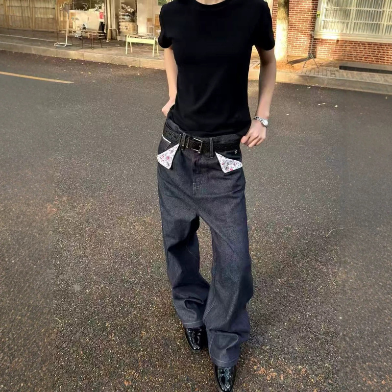 Yyj Original 14oz Denim Red-Edged Floral Patchwork Raw Denim Pants, Unique and Distinctive Heavyweight Jeans