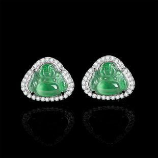 High-grade natural A goods jade yang green Buddha earrings ice jade fashion S925 silver inlaid ladies earrings wholesale