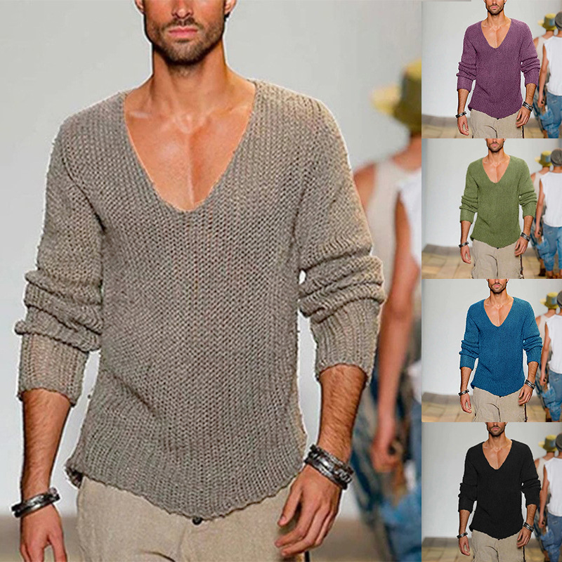 Cross-Border Amazon Men's New Long-Sleeved Sweater Knitwear European and American Men's V-Neck Tops Autumn and Winter New Men's Clothing Cross-Border Amazon Men's New Long-Sleeved Sweater Knitwear European and American Men's V-Neck Tops Autumn and Winter New Men's Clothing