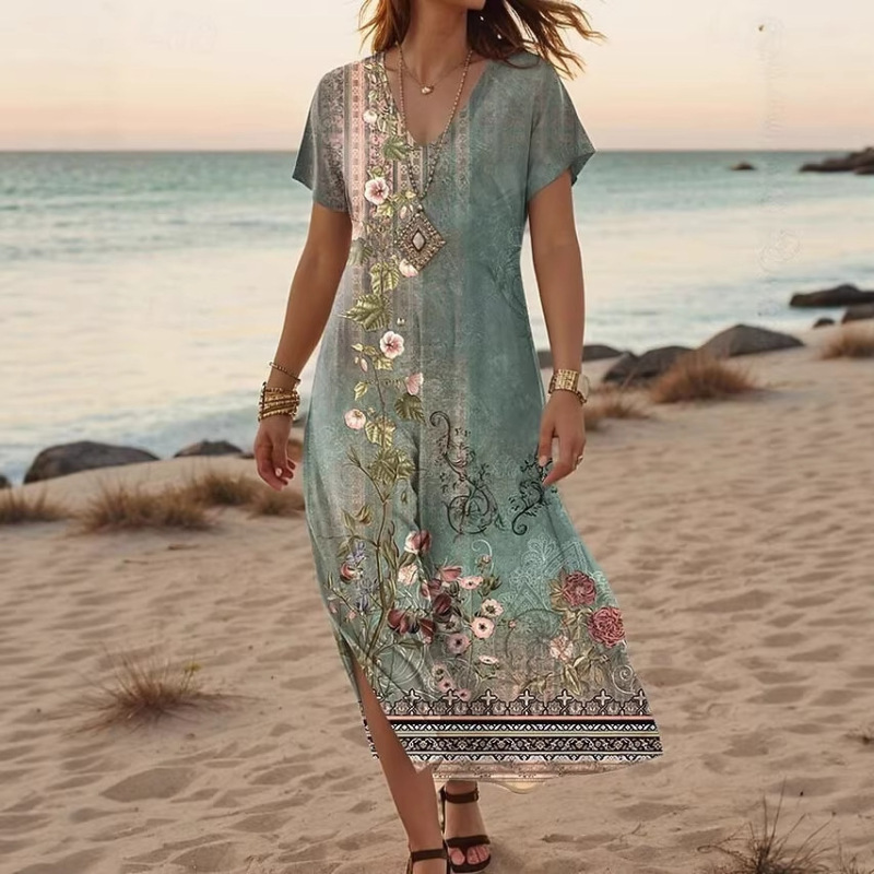 Summer Maxi Dress Casual V Neck Long Sleeve Bohemian Peacock Print Floral Long Dress