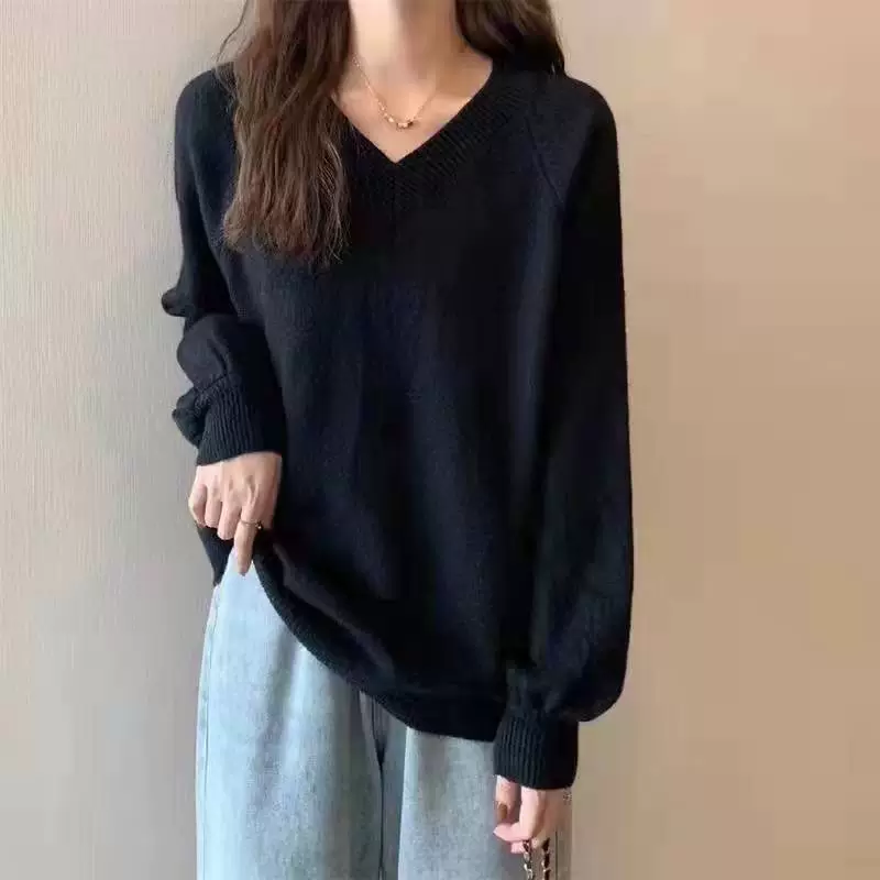 Однотонный вязаный свитер, корейский стиль, V-образный вырез, puff sleeves