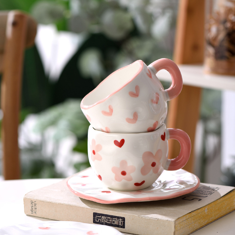Creativo adorable ins amor cerámica taza de leche taza de café plato conjunto de taza de flores mano taza