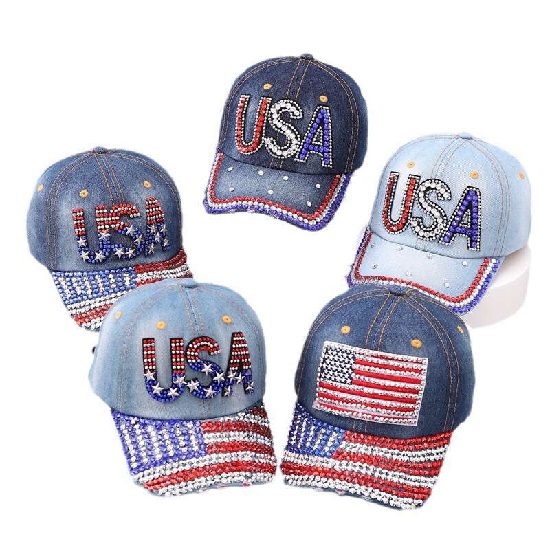 Ins-Style Handmade Rhinestone American Flag Denim Baseball Cap for Women with Letter Usa, Fashionable Spring and Summer Sunshade Cap