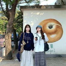 中长款可爱慵懒风原宿无帽上衣服印花圆领卫衣女装潮流大码百搭酷