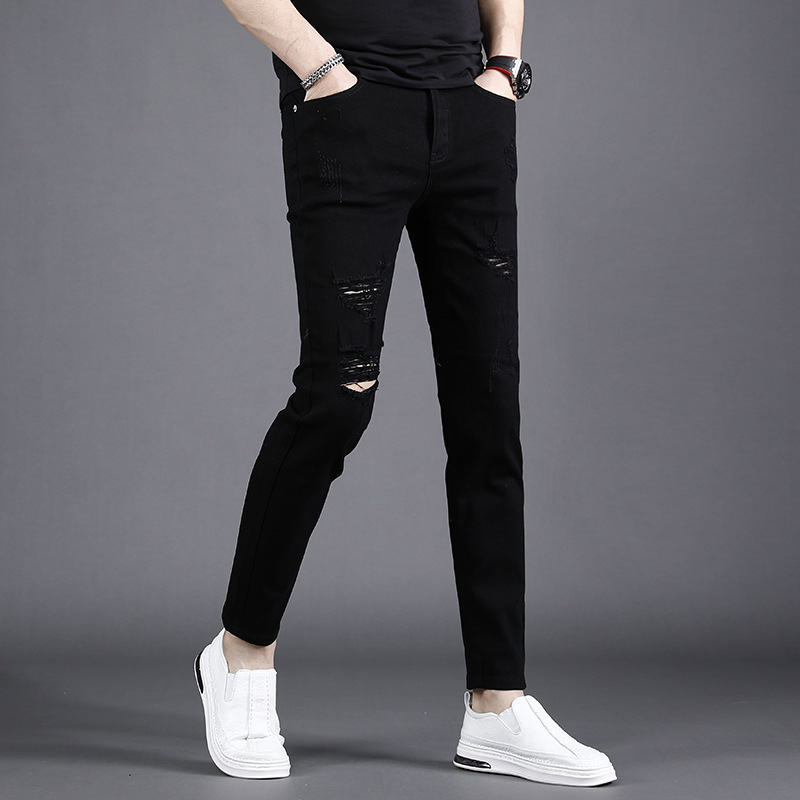 Pure Black Ripped Cropped Jeans Men's Spring and Summer 2024 New Slim-fit Footless Pants Men's Pants Cropped Pants