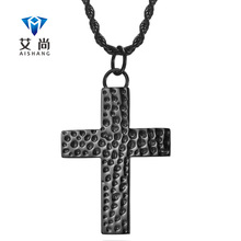 新款男士钛钢手工捶打纹十字架吊坠 新款复古不锈钢吊牌项链