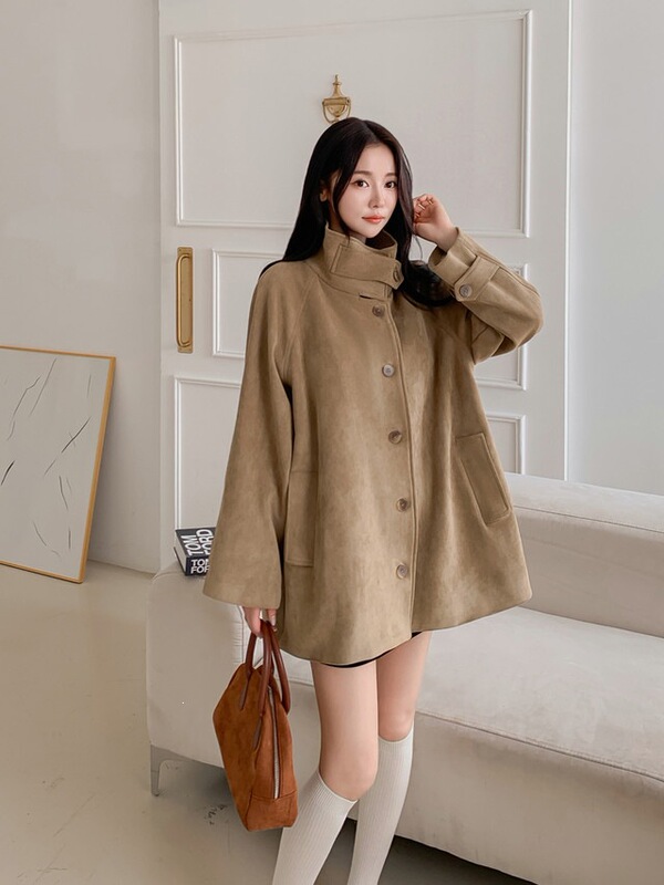 Korean chic autumn/winter French retro stand-collar suede loose A-line cape jacket, mid-length coat Korean chic autumn/winter French retro stand-collar suede loose A-line cape jacket, mid-length coat
