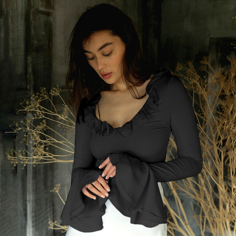 2024 Winter New Elegant Elegant Solid Color Lotus Leaf Lace Low-cut Microsleeve V-shaped Dress Exposure Waist T-shirt Top