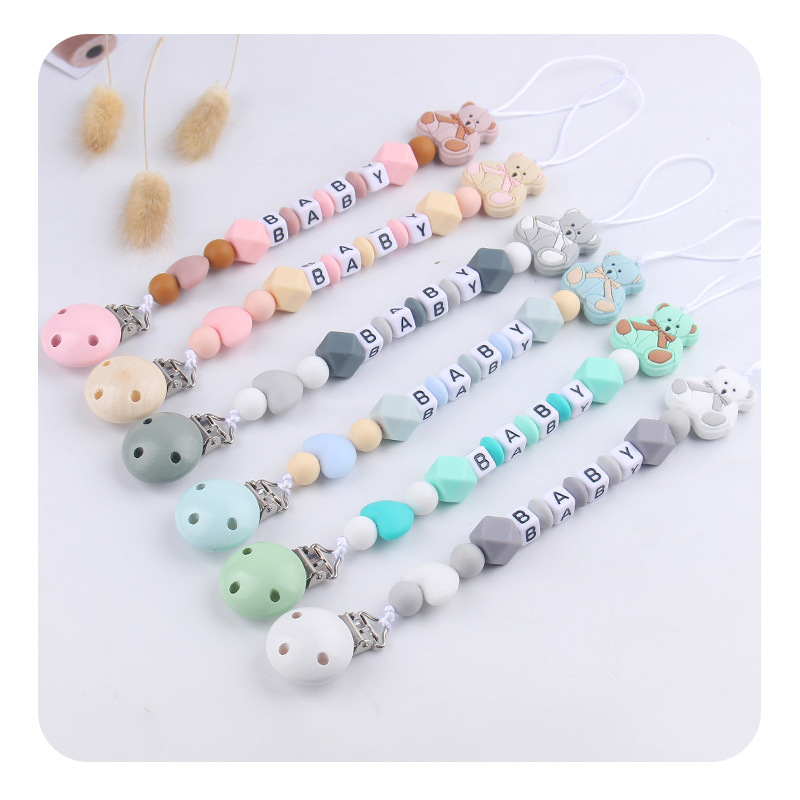 Nombre de bebé DIY calmar la cadena de tetas de caricatura bebé osos de silicona calmar la cadena de tetas de cadena anti-caída