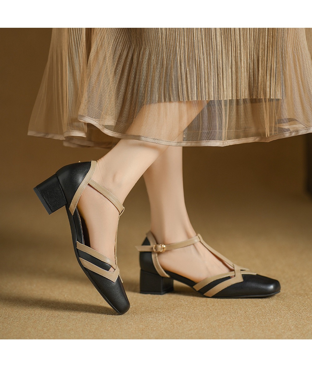 Sandal nữ mũi nhọn quai chữ T gót vuông cổ điển phối màu da bò — đen chi tiết 11