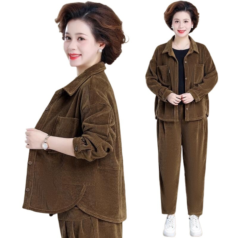 中年妈妈春装外套洋气运动服套装中老年女装春秋灯芯绒上衣两件套|undefined