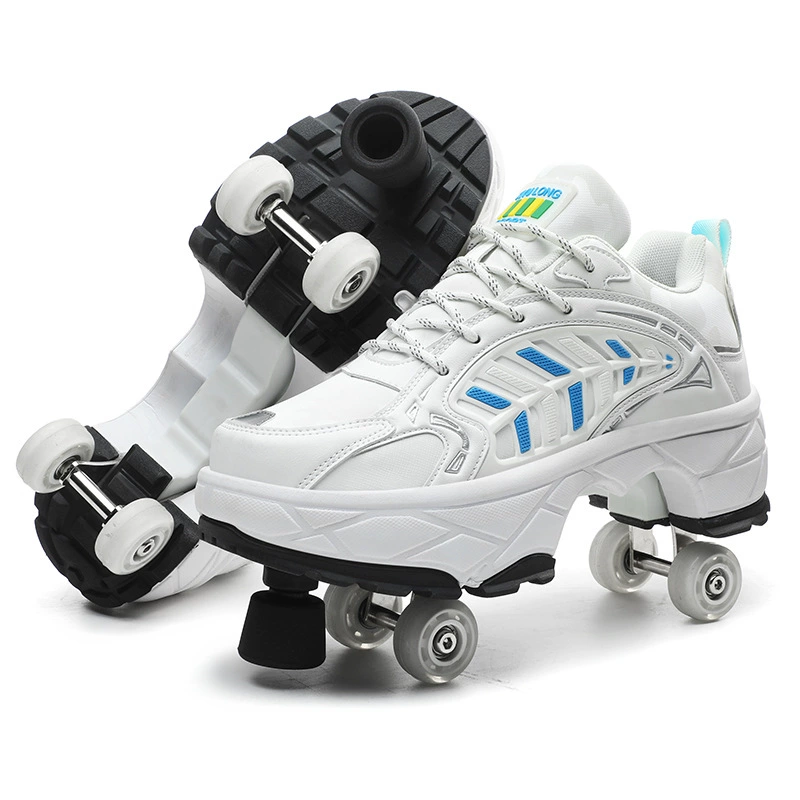 Transformable four‑wheel roller shoes, breathable mesh, unisex, sizes 33–43
