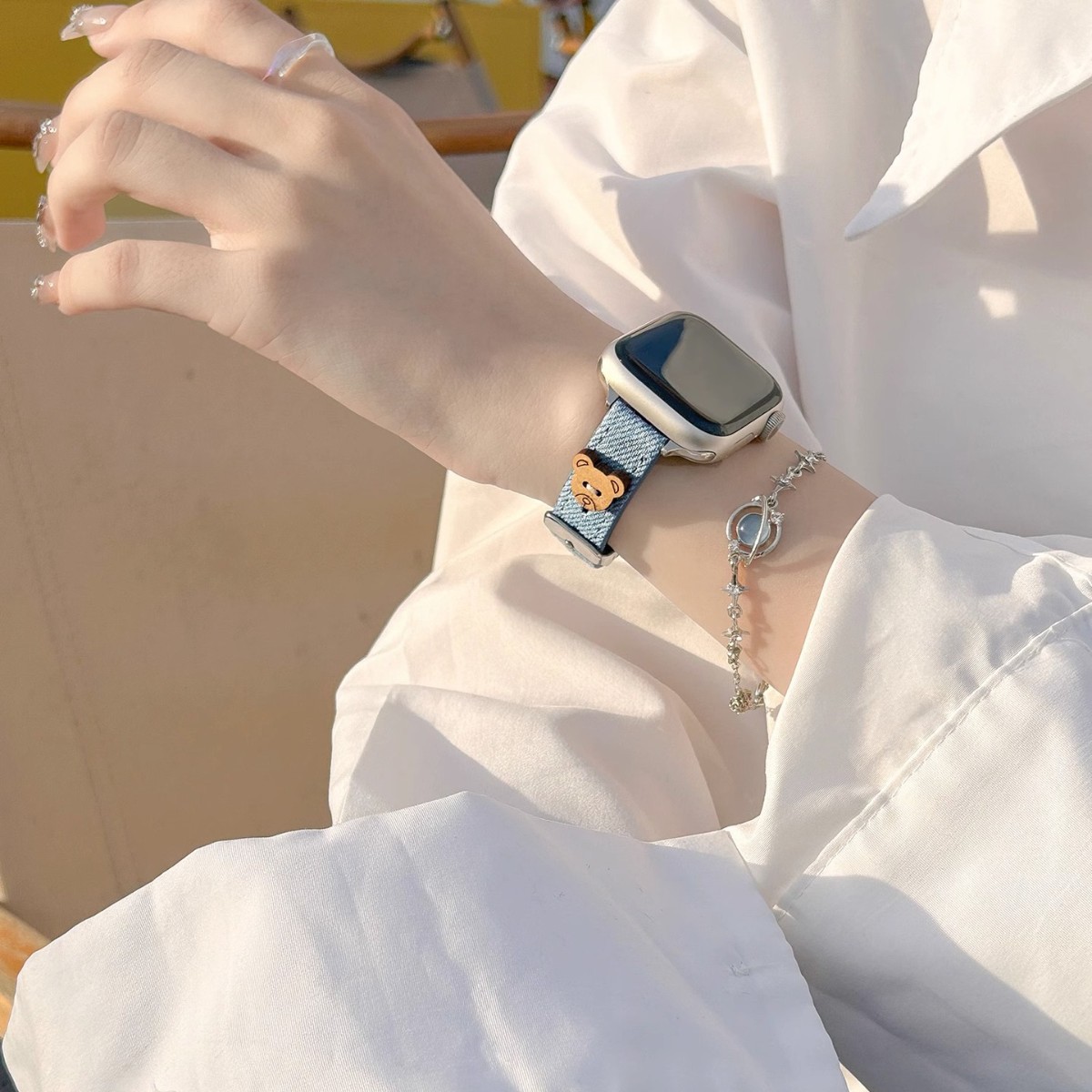 Suitable for Apple Iwatchs9 Watch Strap New Ultra2 Men's and Women's S8 Summer Denim Leather Sports Fashion Cartoon