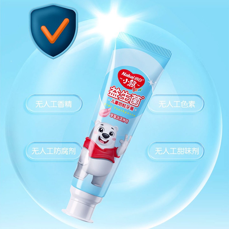 Nabai Bear, pasta de dientes para niños, sabor a helado de fresa, probióticos, anti-cavitas, dientes fijos, aliento fresco, pasta de dientes con flúor.