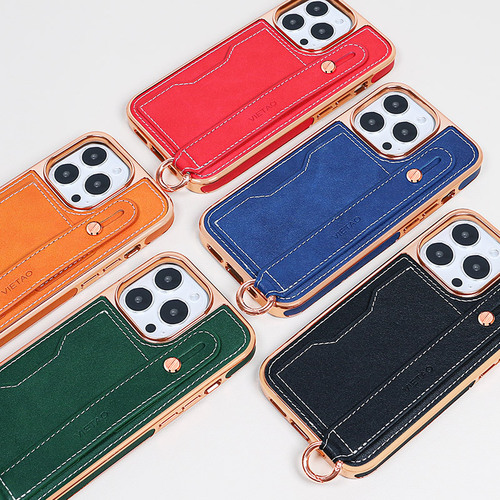 Apple 15 Plated Phone Case with Wrist Strap, iPhone 13 Pro Card Holder Stand, Crossbody Lanyard Compatible Phone Cover