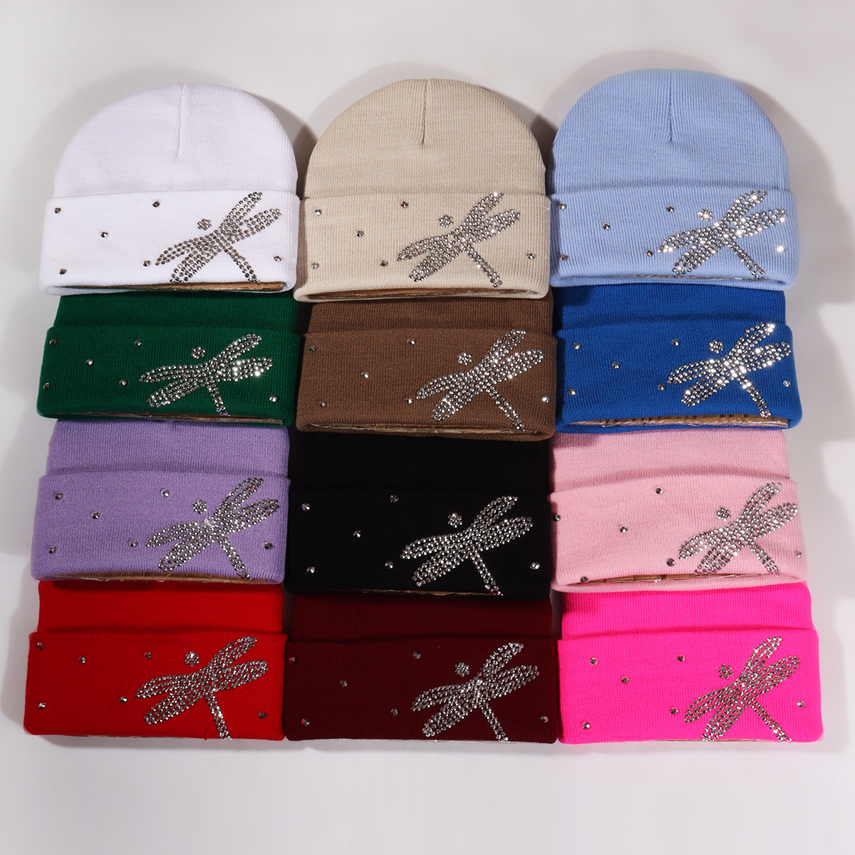 Chapéu unissex Dragonfly quente chapéu de malha com strass chapéu de malha festa outono e inverno_voghion.com