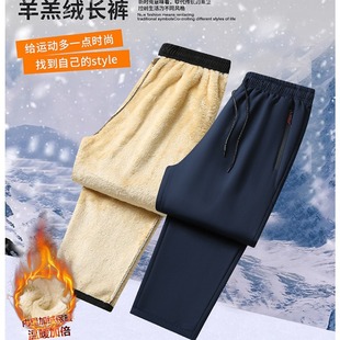 Cross-border new men's fleece-lined thickened trousers lambswool casual warm sports pants versatile zipper pocket men's pants
