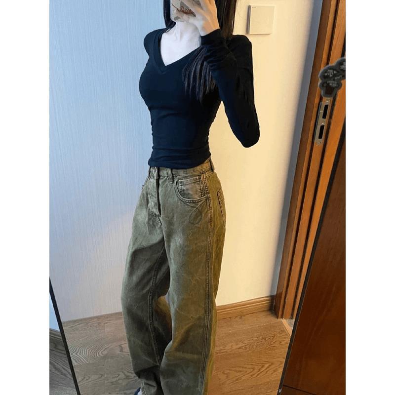 黑色正肩V领长袖T恤女春秋冬新款内搭打底衫紧身修身显瘦辣妹上衣|undefined