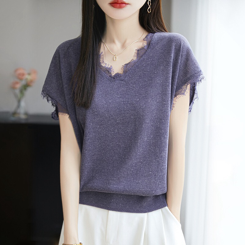 2025 Summer Thin V-neck Lace Knitted Short-sleeved T-shirt Women's Cool Tencel Linen Flying-sleeved Women's Top