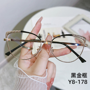2025 new fashion anti-blue light computer mirror European and American retro metal glasses frame cat eye optical flat light mirror large frame