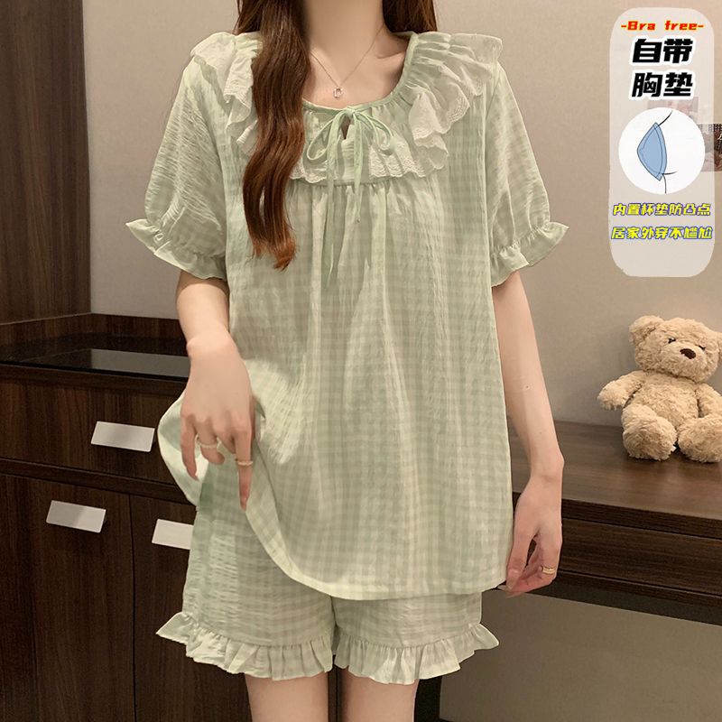 Real Shot of Summer New Tencel Cotton Pajamas with Breast Pads for Women Korean Style Yarn-Dyed Lace Sweet Home Wear Set