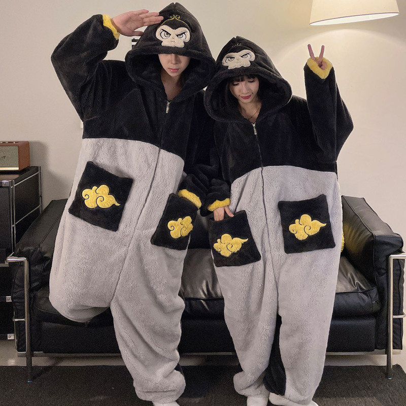 ワンピースのカップルのパジャマの女性の珊瑚の絨毯は厚いです。秋冬の男性のファスナーのフランネルの家の服は一体になります。|undefined