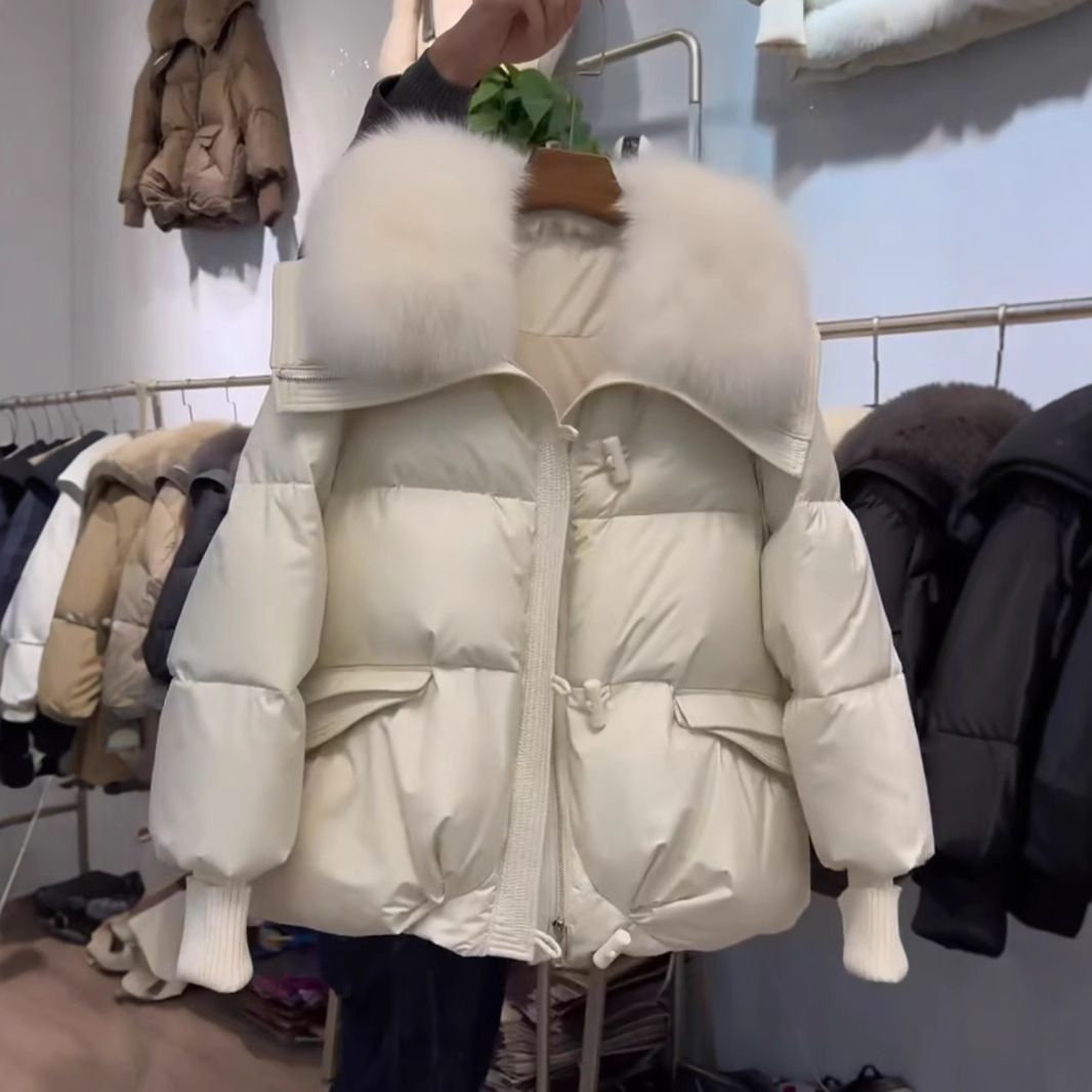 2025 New Korean Style Big Fox Fur Collar Fur down Jacket Women's Goose down Short Bread Jacket Thick Outwear Winter