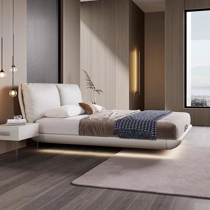 Cama de suspensión minimalista italiana dormitorio principal simple cama de cuero cama de envoltura blanda cama de matrimonio 2 * 2.2m cama doble cama de pluma