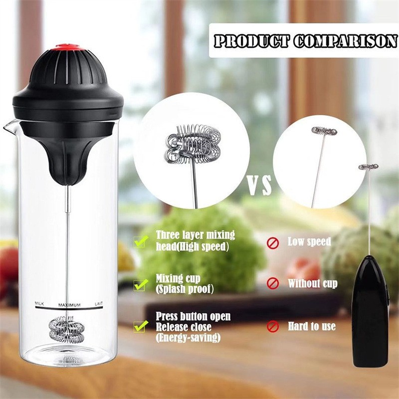 跨境家用玻璃電動打奶器 創意花式咖啡拉花手動奶泡器牛奶打泡杯