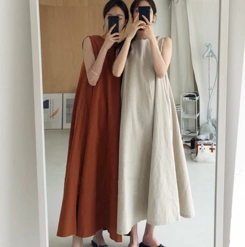 Платье женское лето 2023 новый темный шелк хлопок конопли рами медный аммиак шелк и лодыжки без рукавов жилет длинное платье