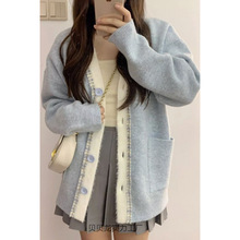 甜美小香风蓝色针织衫毛衣女秋装新款宽松气质感减龄软糯外套批发