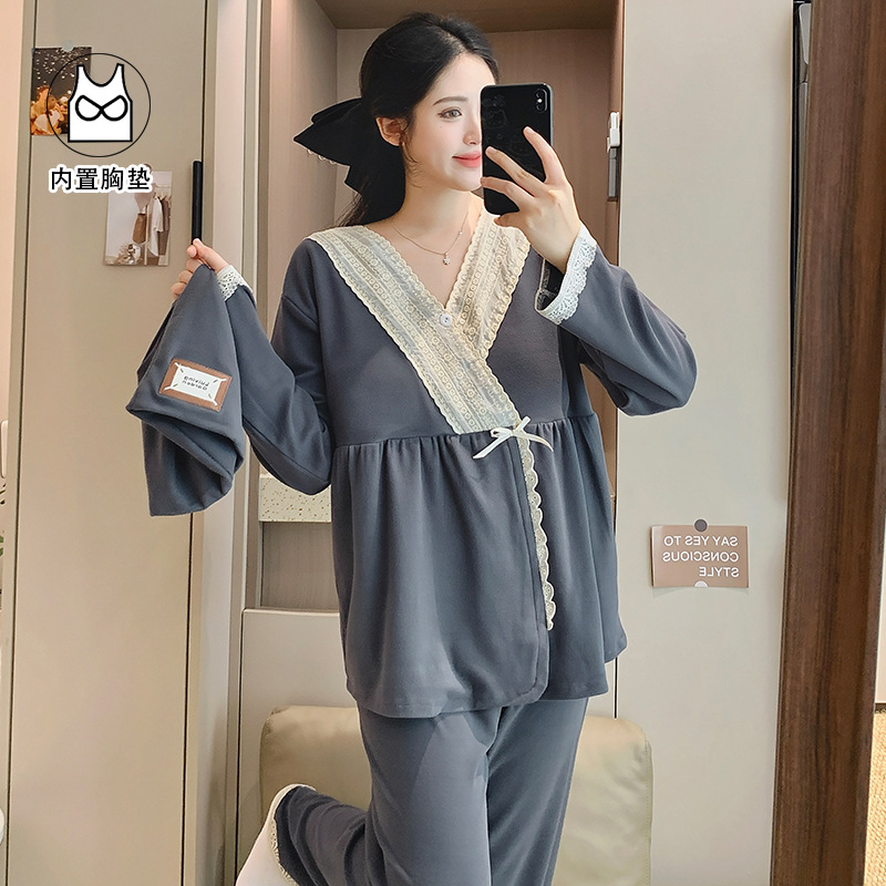 2025新款秋冬德绒月子服暖绒孕妇睡衣带胸垫三件套送防风帽5006#