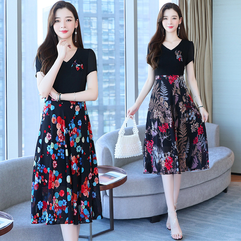 Fake Two-piece dress Women's Waisted Elegant Summer Stitching Chiffon Printed Fashionable Stylish Short-sleeved Skirt