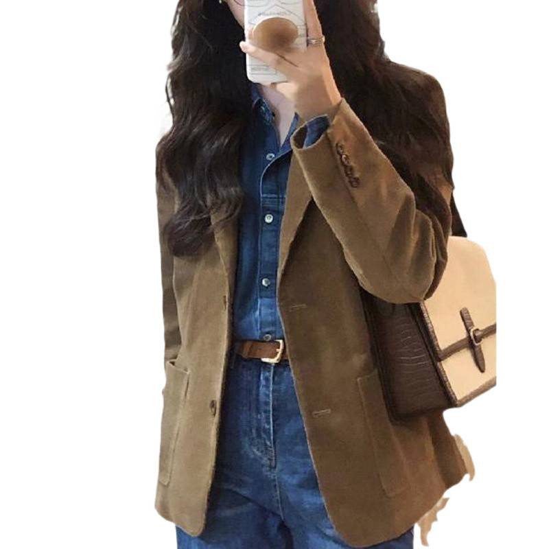 复古高级感御姐风灯芯绒棕色长袖西服女春秋短款工装外套上衣|undefined