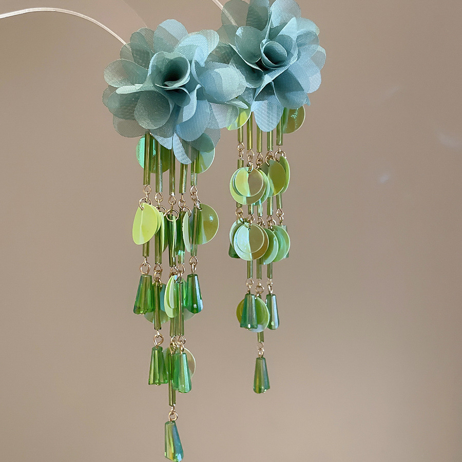 Pendientes de borla de cuentas de arroz de flor de gasa de aguja de plata Pendientes de todo fósforo de estilo de vacaciones Pendientes frescos y dulces para mujer